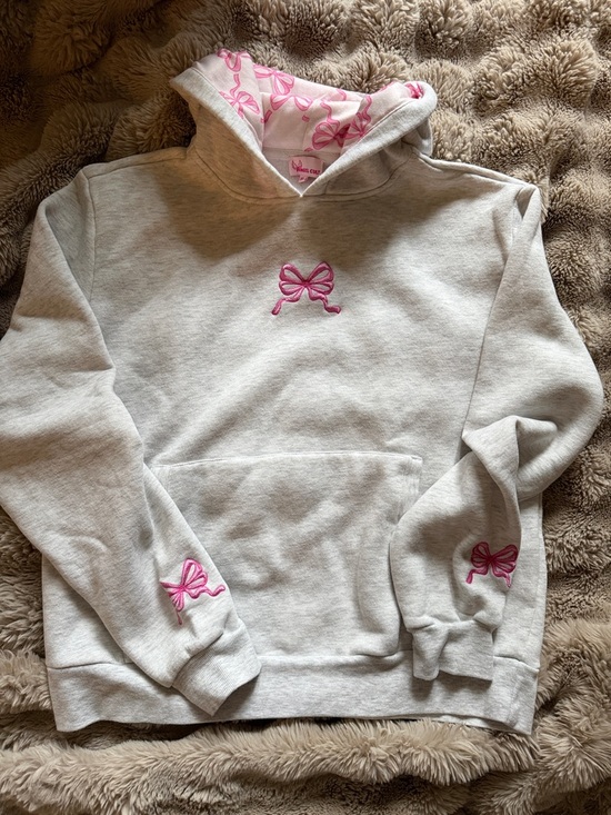 Tops - Light Gray Hoodie with Pink Bow Embroidery